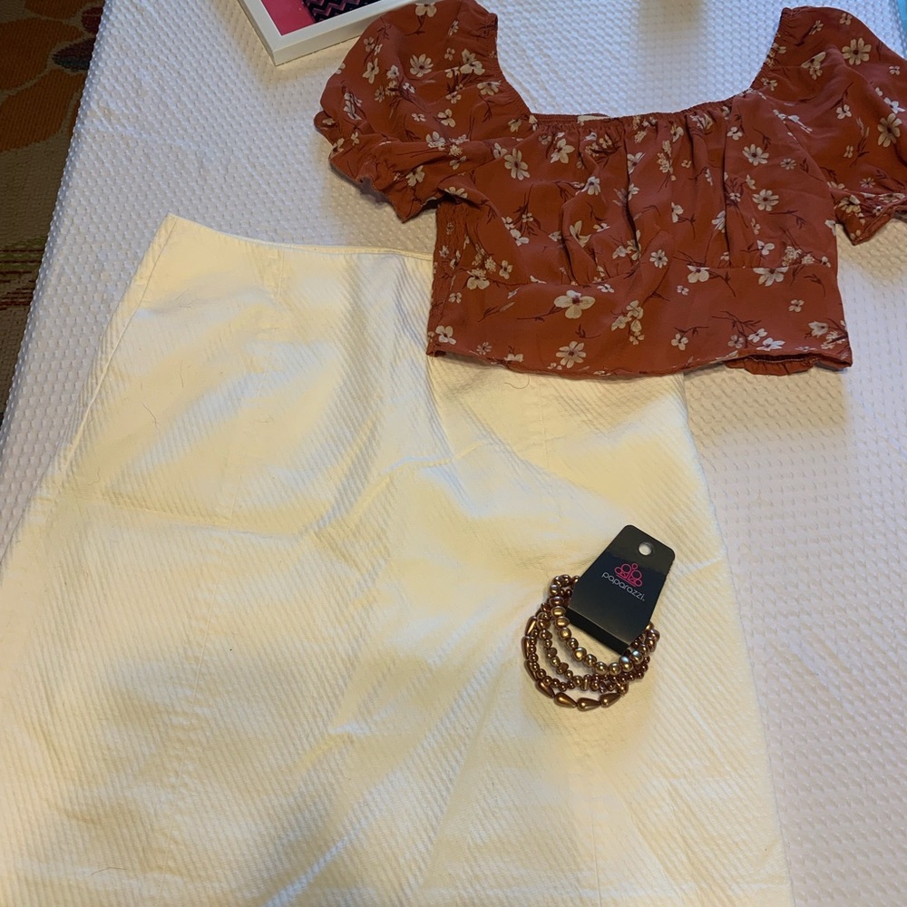 Anne Klein Floral Top and Cream Skirt Set